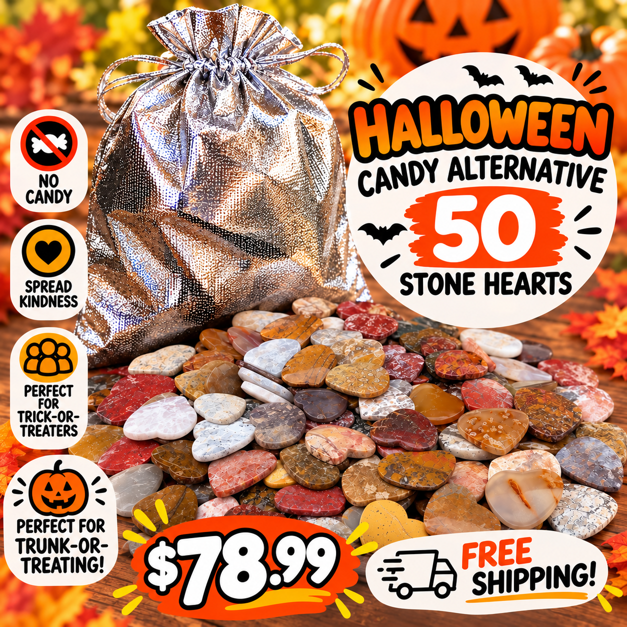 50 Large Stone Hearts – Halloween Candy Alternative