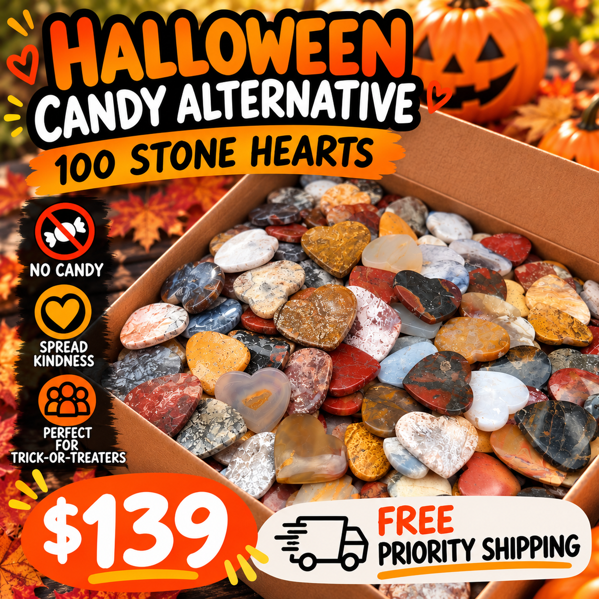 100 Large Stone Hearts – Halloween Candy Alternative Box