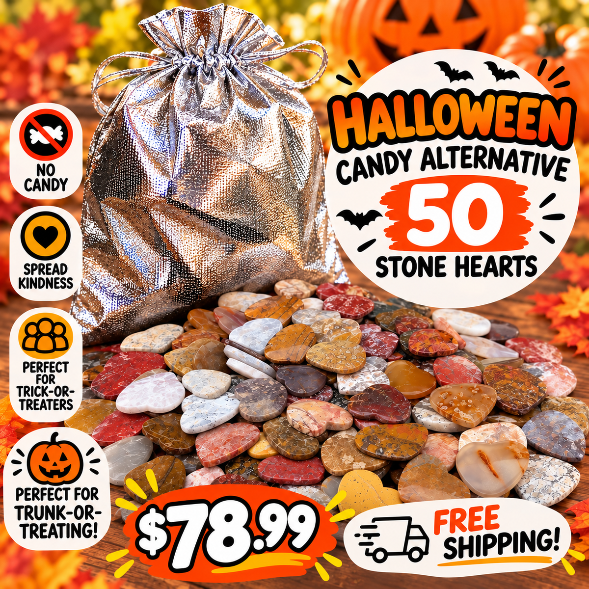 50 Large Stone Hearts – Halloween Candy Alternative
